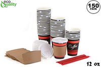 [150 PACK] - 12oz - Paper Coffee Hot Cups, White Travel Lids, Sleeves & Stirrers - Disposable Coffee Cups, To Go Travel Mug, Office/Party Pack, Hot/Cold Coffee, Tea & Chocolate, Latte, Cappuccino