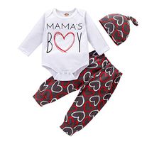 1st Valentine's Day Newborn Pajamas Set, Infant Baby Boys Letter Print Romper Bodysuit Cotton Pants Sleeping Hat (Black, 0-6 Months)
