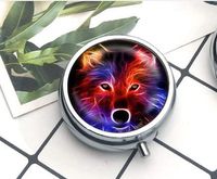 Compact 3 Compartment Medicine Case, Pill Box for Pocket or Purse Pill Box Decorative Pill Case with Gift Box Fractal Wolf Dog