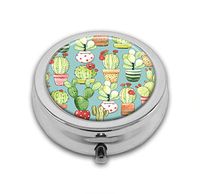 Pill Box,Cacti in Pots On Turquoise Pill Organizer with 3 Compartments Silver 2.1 Inches Portable Vitamin Pill Case for Pocket Purse