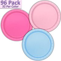 96 Paper Dinner Plates (9") - Light Pink, Hot Pink, Light Blue - 32 Per Color, 3 Colors - Great Assortment for Birthday Parties, Weddings, Holidays, Baby Shower, Celebrations, and more