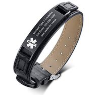 VNOX Free Engraving-Black Stainless Steel Meidcal Alert ID Tag Genuine Leather Adjustable Wristband Bracelet