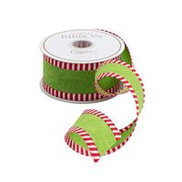 Caspari Green Linen Striped Border Wired Ribbon - 18 Foot Spool