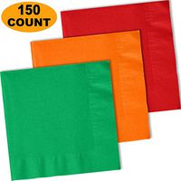 150 Lunch Napkins, Emerald Green, Pumpkin Orange, Red - 50 Each Color. 2 Ply Paper Dinner Napkins. 6.5" folded, 13.5" unfolded.