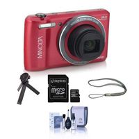 Minolta 20 Mega Pixels HD Digital Camera w/12x Optical Zoom, RED - Bundle with 32GB MicroSDHC Card, Table Top Tripod, Camera Strap, Cleaning Kit,