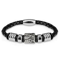 Pierced Owl Masonic Emblem Black Leather and Stainless Steel Men's Bracelet with Magnetic Clasp