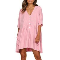 JQjian Women Solid Loose V-Neck Ladies Fashion Casual Half Sleeve Summer Button Pocket Mini Dress (S, Pink)