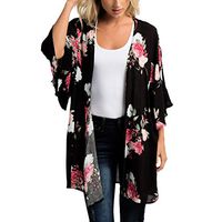 FRCOLT Feitong Spring Women's Shawl Floral Print Kimono Cardigan Top Cover Up Beachwear (XL, Black)