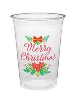 Greenhouse Compostables , Merry Christmas Clear Cold Cups, 50 Count, 16 oz, 100% Compostable - Red Poinsettias And Green Holly, Christmas Holiday Party Disposable Cups