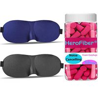 50 Pairs of Earplugs and 2 Eye Masks (Black, Blue) for Sleeping. Each Pair of Earplugs are Bagged and Packed in a Container. The Blindfold is Designed to Mold to Your Face, 100% Blackout Experience.