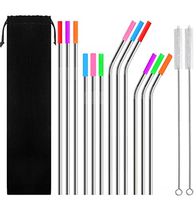 Reusable Stainless Steel Metal Straws of 8.5" & 10.5" Ultra Long with Cleaning Brush and Silicone Tips for 32oz/30oz/20oz tumblers YETI (12 Straws,12 Silicone Tips,2 Cleaning Brush & 1 Travel Case)