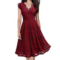 Theoylos Women's Sexy V Neck Sleeveless Lace Dress Ladies Elegant Sexy Knee-Length Dress Open Shoulder Midi Dress Wine