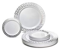 " OCCASIONS" 240 Plates Pack, Heavyweight Premium Disposable Plastic Plates Set 120 x 10.5'' Dinner + 120 x 6.25'' Dessert/Cake Plates (Milano White & Silver Rim)