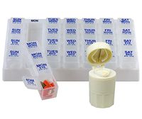 GMS® 4X/Day Weekly Pill Organizer with 4 Piece All-in-One Pill Cutter, Drinking Cup and Medication Storage (Clear Pill Boxes/White Tray)