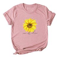 Sunhusing Women's Solid Color Round Neck Casual Sunflower Letter Print Short Sleeve T-Shirt Loose Wild Top(Pink,XL)