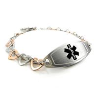 My Identity Doctor - Custom Engraved Medical ID Bracelet for Women - 1cm Steel Rose Hearts - Black - Wrist Size 8 Inch