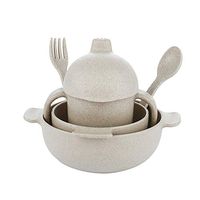 JAMOR Wheat Fiber Children's Tableware Portable Children's Bowl Spoon Wheat Straw Food Bowl Three-Hole Children's Kettle Children's Tableware Set Rugged, Non-Slip, Easy To Clean (Khaki)