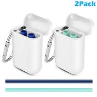 Emoly Reusable Silicone Collapsible Straws, Portable Foldable Drinking Straw with Travel Case & Cleaning Brush - 2 Pack, Blue/Teal
