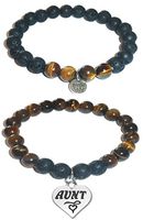 Hidden Hollow Beads Charm Tigers Eye and Black Lava Natural Stone Women's Yoga Beaded Stretch Bracelet Set. Comes in A Gift Box! (Aunt)