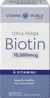 Vitamin World Ultra Mega Biotin 10,000 mcg. 50 Softgels, Vitamin B, Supports Healthy Hair, Skin and Nails, Rapid-Release, Gluten Free