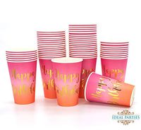 50 Count Pink to Coral Ombre with Gold! Happy Birthday Party 12oz Cups Disposable Dinner 9 inch Gold Foil on Pink toTeal Ombre Party Supplies for Baby Shower Babys 1st Birthday Unicorn Party and More