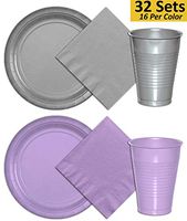 Plates, Cups, Napkins - 32 Sets - Silver & Lavender - 16 Per Color Per Item. 9" Paper Dinner Plates, 12 oz Plastic Cups, 6.5" Napkins - Disposable Dinnerware Set for Birthdays, Holidays, More