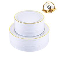 102 Pieces Gold Disposable Plastic Plates, Heavyweight Disposable Wedding Plates Set White Party Plate with Gold Rim, Includes 51 Dinner Plates 10.25”and 51 Dessert Plates 7.5”…