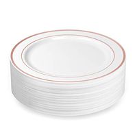 BloominGoods Rose Gold Rimmed Plastic Dinner Plates (100 Pack) 10.25" Inch Heavyweight White Weddings Parties and Events Plates with Real China Look | Disposable or Reusable