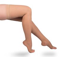 EvoNation Women's USA Made Thigh High Open Toe Compression Stockings 15-20 mmHg Moderate Pressure Ladies Sheer Socks Lace Top Quality Support Hose - Best Comfort Fit Circulation (3XL, Tan Beige Nude)