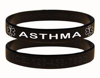 Custom Asthma ID Bracelet Wristbands - 2 Pack - Black - 8 Inches - Standard
