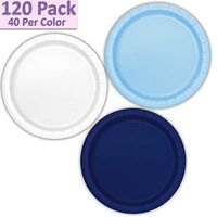 120 Paper Dessert Plates (7") - Light Blue, White, Navy Blue - 40 Per Color, 3 Colors - Great Assortment for Birthday Parties, Weddings, Holidays, Baby Shower, Celebrations, and more