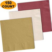 150 Lunch Napkins, Glittering Gold, Ivory, Burgundy - 50 Each Color. 2 Ply Paper Dinner Napkins. 6.5" folded, 13.5" unfolded.
