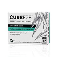 Portable Sinus, Colds and Congestion Relief - 12 Pack Eucalyptus Scented Essential Oil Nose Clips - All Natural Aromatherapy Remedy for Cough, Allergy Snoring, Breathing - CUREeze (1 Pack of 12 Clips)