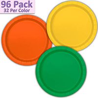 96 Paper Dinner Plates (9") - Sunshine Yellow, Orange, Emerald Green - 32 Per Color, 3 Colors - Great Assortment for Birthday Parties, Weddings, Holidays, Baby Shower, Celebrations, and more