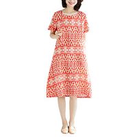 Vintage Casual T Shirt Dress for Women Short Sleeve Cotton Linen Loose Dress Red