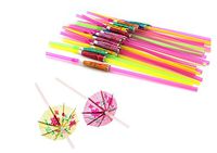 Set of 100 Colourful Flexible Disposable Tropical Drinking Straws Plastic Wedding Luau Hawaiian Umbrella-Shaped Straws