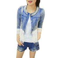 Women's Denim Jacket,Ladies Lace Casual Half Sleeve Cardigan Buttons Pockets Bead Outwear Plus Size Jean Coat Tops