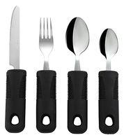 Adaptive Utensils (4-Piece Kitchen Set) Wide, Non-Weighted, Non-Slip Handles for Hand Tremors, Arthritis, Parkinson’s or Elderly use - Stainless Steel Knife, Fork, Spoons - Black
