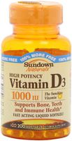 Sundown High Potency Vitamin D3, 1000 IU, 200 Softgels (Pack of 4)