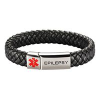 [Engraving]Leather Medical Alert Bracelet - Personalized Medical ID for Men Women Kids Custom Diabetic Alert Bracelet-Black (21cm(8.26"), ☆Silver-Epilepsy)