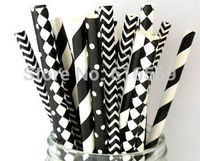 200pcs/lot Black and White Mixed Paper Straws Masquerade,paper Drinking Straws for Wedding Party Decoration