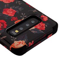 Kaleidio Case Compatible for Samsung Galaxy S10 G973 [TUFF] Rugged Armor 3-Piece [Shock/Impact Protection] Dual Layer Hybrid Rubber Cover [Black White Rose Flowers]