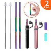 Arcoolor 2 Pack Telescopic Reusable Stainless Steel Straws, 9.3" Portable Folding Drinking Straw with Metal Case, Cleaning Brushfor Travel, Household, Outdoor （Black+ Pink）