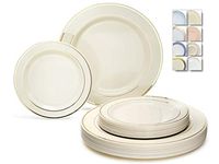 " OCCASIONS" 240 Plates Pack,(120 Guests) Heavyweight Wedding Party Disposable Plastic Plates Set -120 x 10.5'' Dinner + 120 x 7.5'' Salad/Dessert (Ivory w/Gold Rim)