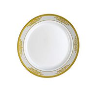 [20 Count - 7 Inch Plates] Laura Stein Designer Tableware Heavyweight Plastic White Salad - Appetizer Plates Gold Rim And Brushed Accents, Party & Wedding Plate, Traditional Series, Disposable Dishes