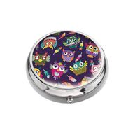 Rex Parker Pill Box -Compact 3 Compartment Medicine Case, Pill Box Pocket Purse(Cute Colorful Owl Art Pattern)，Circular