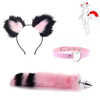 3Pcs Plush Cat Ear Headband Headpiece and Fox Tail Toys an-?l Pl-¨´g Kit Halloween Prom Nightclub Party Costume Cosplay Gift (Black Pink)-S