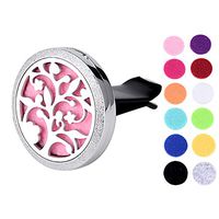 Anavia 1.18" Dia Car Aromatherapy Essential Oil Diffuser Vent Clip 316L Stainless Steel Silver Plated Locket Air Freshener with 12 Refill Pads and Box (Tree of Spring)