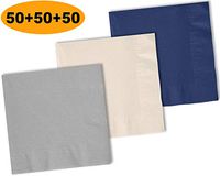 150 Beverage Napkins, Shimmering Silver, Ivory, Navy blue - 50 Each Color. 2 Ply Paper Cocktail Napkins. 5" folded, 10" unfolded.