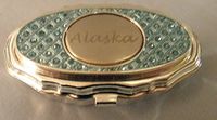Alaska Aqua Bejeweled Pill Box W/mirrored Alaska Inlay